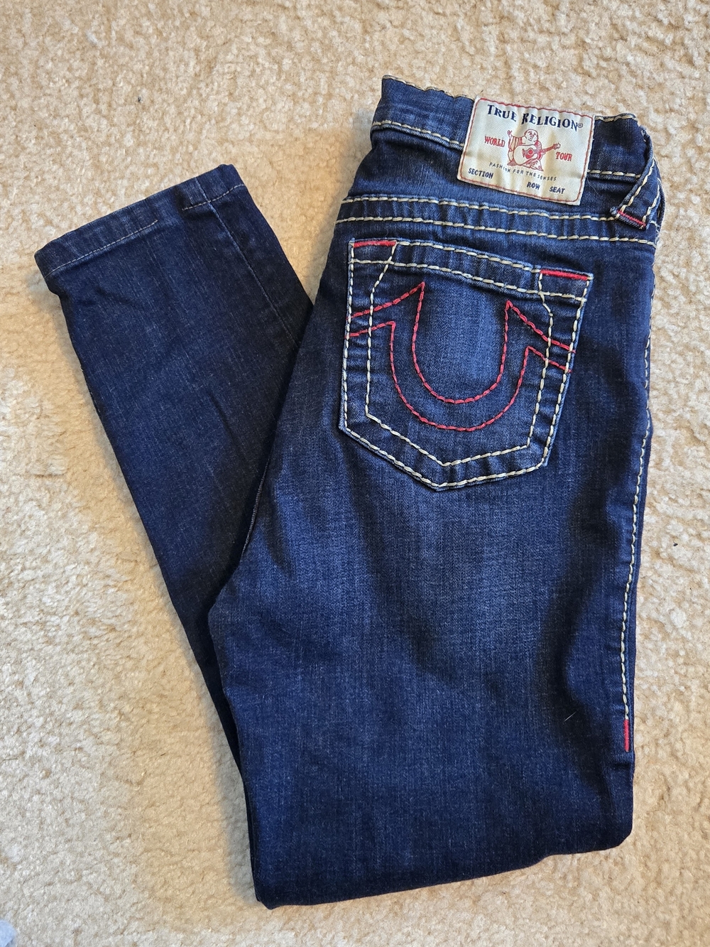 True Religion Women’s Dark Blue Denim Jeans with Red Stitching